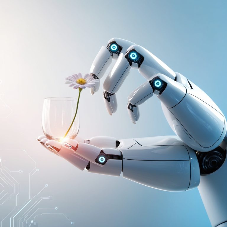Illustration of a futuristic robot hand gently holding a delicate object, symbolizing advanced touch sensitivity. The robot's fingers feature circuit patterns and glowing sensors, set against a soft blue and white background that conveys innovation and human-like connection.