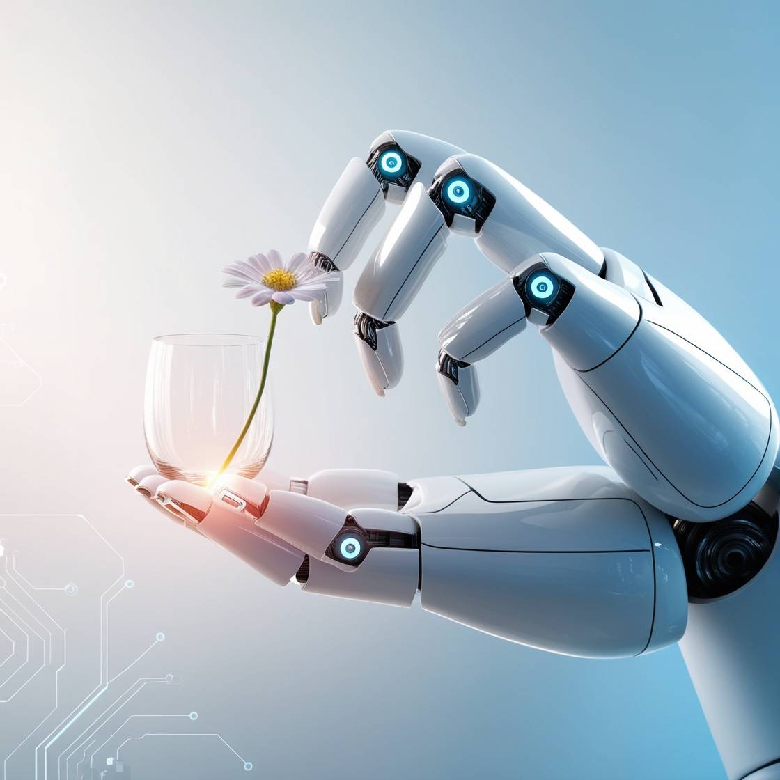 Illustration of a futuristic robot hand gently holding a delicate object, symbolizing advanced touch sensitivity. The robot's fingers feature circuit patterns and glowing sensors, set against a soft blue and white background that conveys innovation and human-like connection.