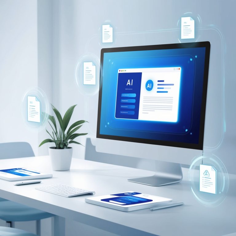 Illustration of a digital workspace featuring a computer screen displaying an AI-generated presentation, surrounded by icons of documents and slides. The design highlights the AI-powered aspect of Gamma.app with glowing effects and a modern, light background in shades of blue and white.