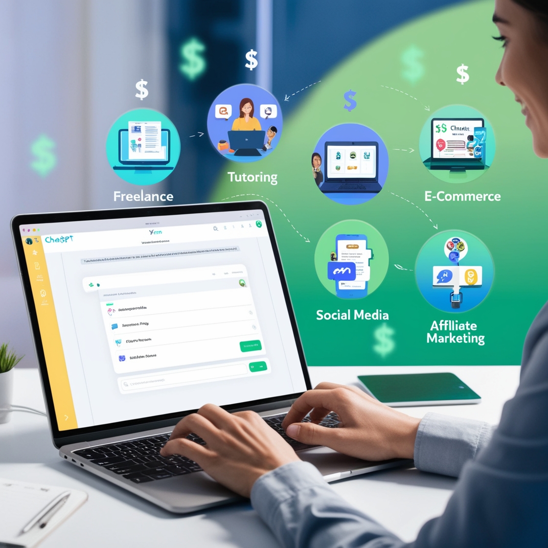 Illustration of a digital workspace with a laptop displaying ChatGPT in use, showing various online earning methods like freelance writing, e-commerce, tutoring, social media management, and affiliate marketing. The design includes subtle money symbols to represent income potential, set against a bright background with shades of blue, green, and white.