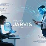 Illustration of an AI assistant represented by a digital hologram interface interacting with a user, surrounded by circuit lines and data nodes. The background features a gradient of light blue and white, symbolizing innovation and advanced technology. The text 'Project Jarvis' is displayed prominently in a modern font.