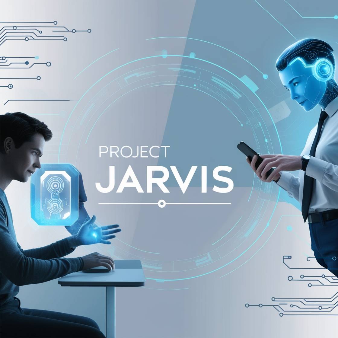 Illustration of an AI assistant represented by a digital hologram interface interacting with a user, surrounded by circuit lines and data nodes. The background features a gradient of light blue and white, symbolizing innovation and advanced technology. The text 'Project Jarvis' is displayed prominently in a modern font.