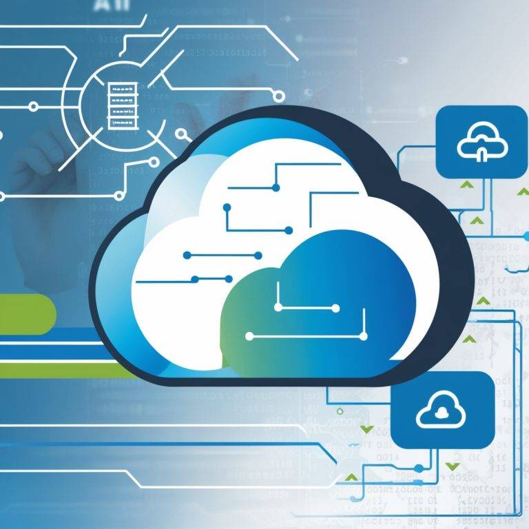 Illustration depicting AI-powered cloud growth, with a cloud icon integrated with circuit patterns and data flow lines against a background of digital data and code. The design highlights the synergy between AI technology and cloud computing, using blue, white, and green colors to convey innovation and trust.