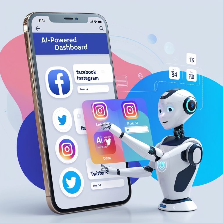 Illustration of a smartphone or computer screen showing an AI-powered dashboard with social media icons like Facebook, Instagram, and X (formerly Twitter). The image includes an AI assistant interacting with the screen, symbolizing automation and management. The background is modern with shades of blue and white, featuring subtle icons representing scheduling and data analysis.