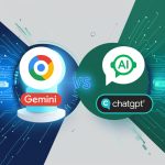 Illustration featuring stylized representations of Google's Gemini AI and OpenAI's ChatGPT, symbolized by their respective logos and futuristic AI icons. The image includes glowing circuit patterns and data streams to emphasize technology and competition, set against a modern background with shades of blue, white, and green.