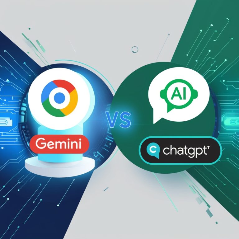 Illustration featuring stylized representations of Google's Gemini AI and OpenAI's ChatGPT, symbolized by their respective logos and futuristic AI icons. The image includes glowing circuit patterns and data streams to emphasize technology and competition, set against a modern background with shades of blue, white, and green.