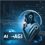 Illustration representing the transition towards AGI, with a robotic figure surrounded by digital patterns and circuit lines. The background features a gradient of dark blue and white, symbolizing technological advancement and the future of AI. Interconnected nodes and subtle globe elements highlight the global impact of AGI